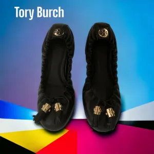 TORY BURCH BLACK MESTICO REESE NEW SHOES LEATHER LOGO BALLET FLATS 6.5