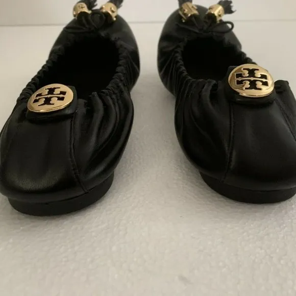 TORY BURCH BLACK MESTICO REESE NEW SHOES LEATHER LOGO BALLET FLATS 6.5