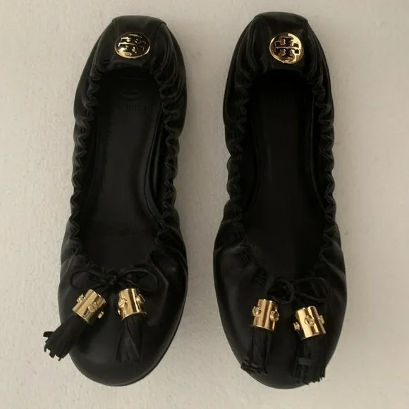 TORY BURCH BLACK MESTICO REESE NEW SHOES LEATHER LOGO BALLET FLATS 6.5