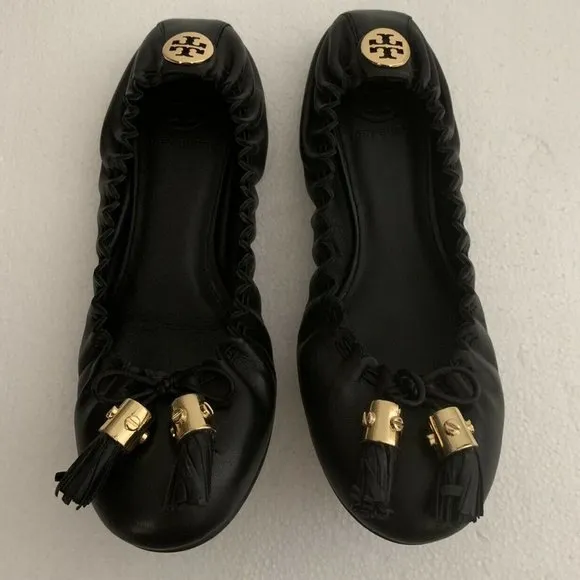 TORY BURCH BLACK MESTICO REESE NEW SHOES LEATHER LOGO BALLET FLATS 6.5