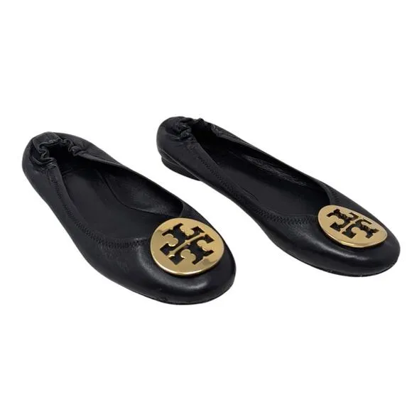 Tory Burch Black Napa Leather Minnie Ballet Flats Logo 7