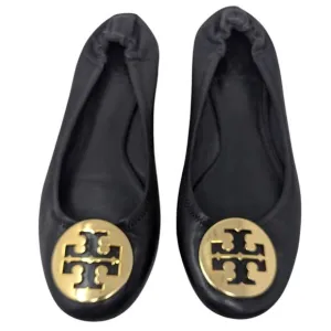 Tory Burch Black Napa Leather Minnie Ballet Flats Logo 7