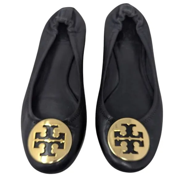 Tory Burch Black Napa Leather Minnie Ballet Flats Logo 7