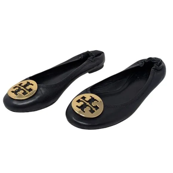 Tory Burch Black Napa Leather Minnie Ballet Flats Logo 7