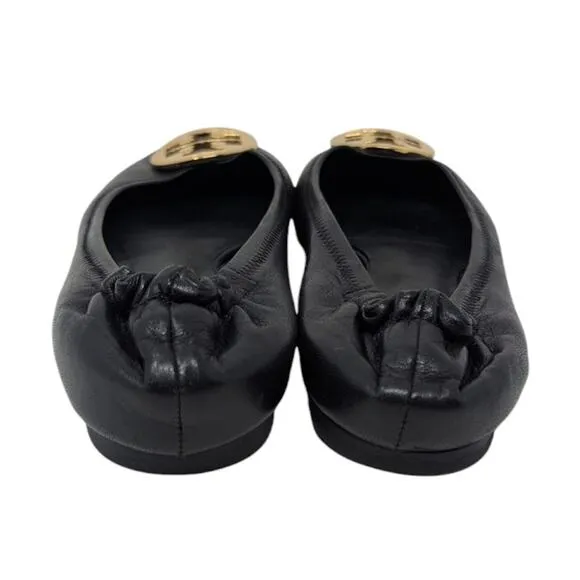 Tory Burch Black Napa Leather Minnie Ballet Flats Logo 7