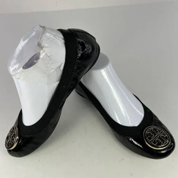 Tory Burch Black Patent Leather Flats US 6.5 Ballet Slip-On Shoes