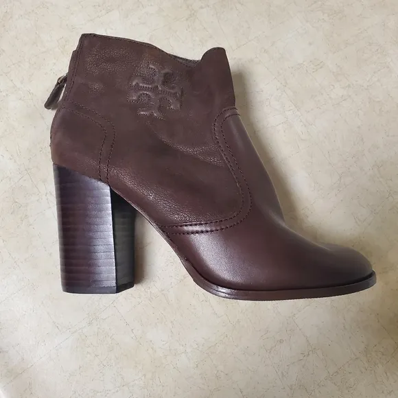 Tory Burch Brown Leather Bootie Block Heel