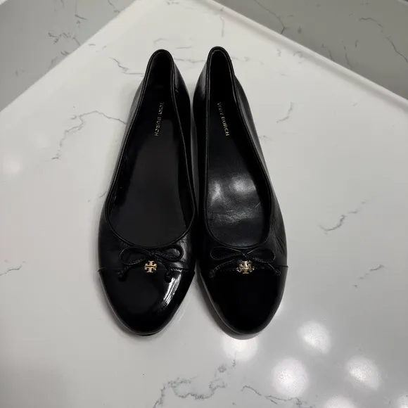 Tory Burch Cap-Toe Ballet Flats with Bows - Black