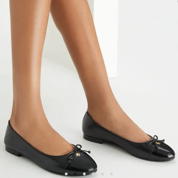 Tory Burch Cap-Toe Ballet Flats with Bows - Black