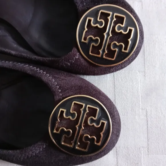 Tory Burch Chocolate Brown Enamel Logo Suede Reva Flats