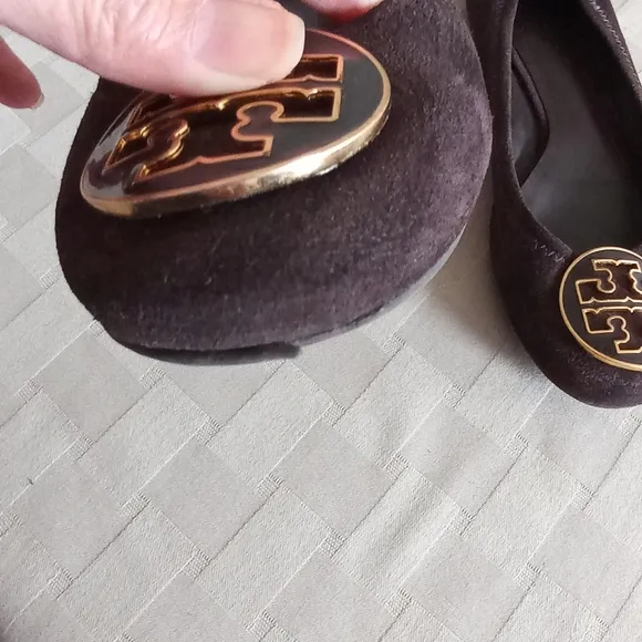 Tory Burch Chocolate Brown Enamel Logo Suede Reva Flats