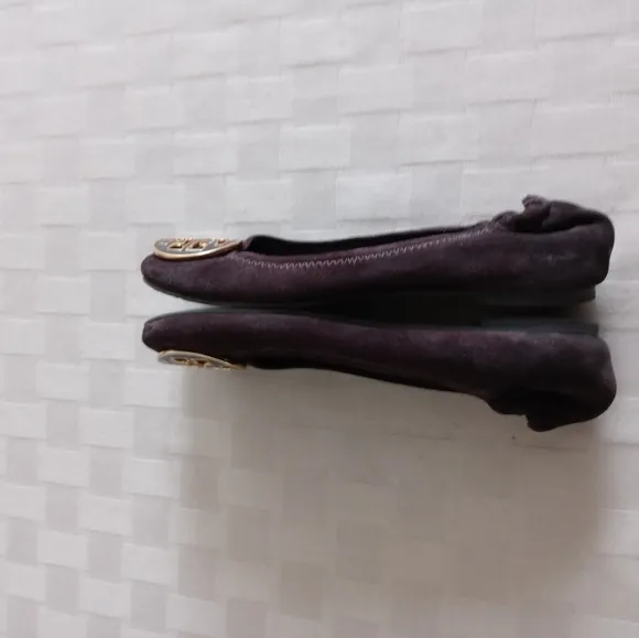 Tory Burch Chocolate Brown Enamel Logo Suede Reva Flats