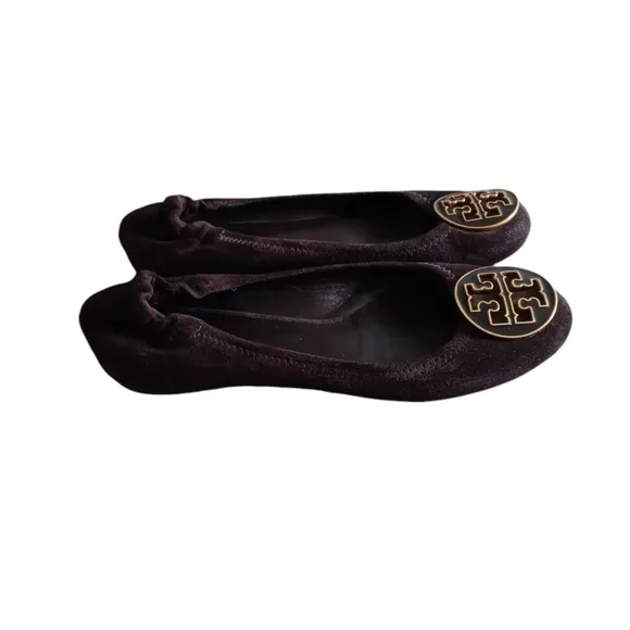 Tory Burch Chocolate Brown Enamel Logo Suede Reva Flats