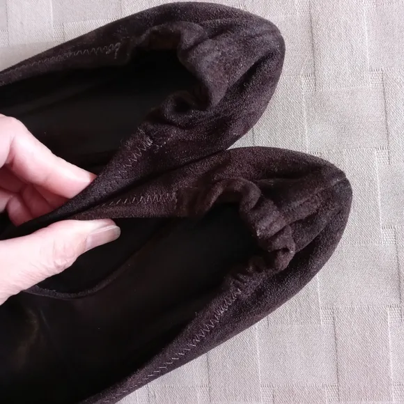 Tory Burch Chocolate Brown Enamel Logo Suede Reva Flats