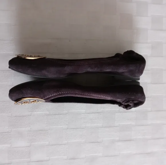 Tory Burch Chocolate Brown Enamel Logo Suede Reva Flats