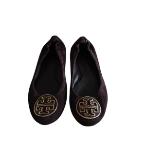 Tory Burch Chocolate Brown Enamel Logo Suede Reva Flats