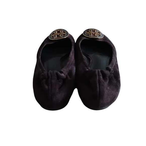 Tory Burch Chocolate Brown Enamel Logo Suede Reva Flats