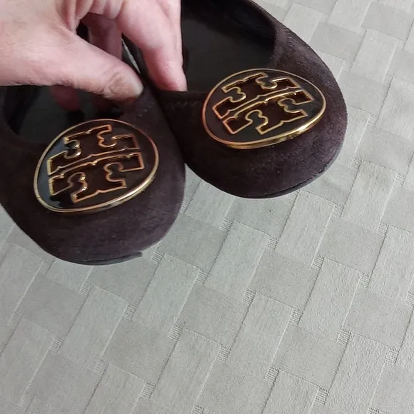 Tory Burch Chocolate Brown Enamel Logo Suede Reva Flats