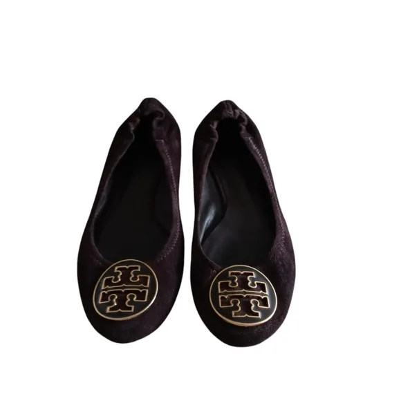 Tory Burch Chocolate Brown Enamel Logo Suede Reva Flats