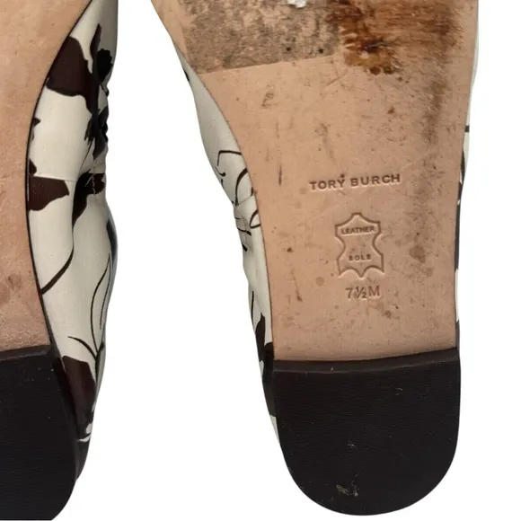 TORY BURCH Cream and Brown Leather Ballet Flats with Gold Hardware | US 7.5