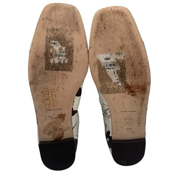 TORY BURCH Cream and Brown Leather Ballet Flats with Gold Hardware | US 7.5