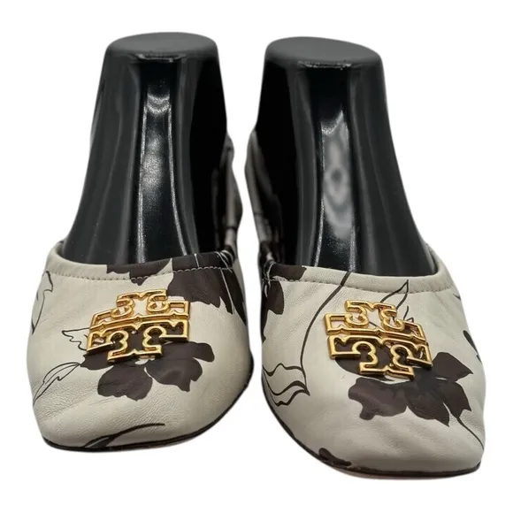 TORY BURCH Cream and Brown Leather Ballet Flats with Gold Hardware | US 7.5
