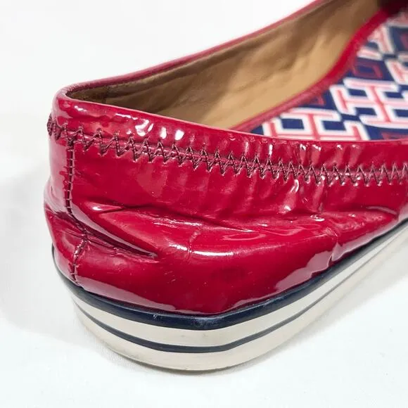 Tory Burch Flats Slip On Size 8 Cherry Red White Blue Patent Leather Logo Used