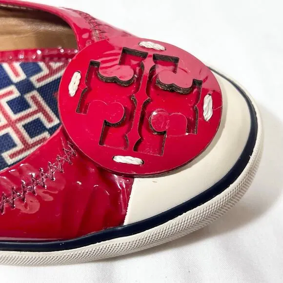 Tory Burch Flats Slip On Size 8 Cherry Red White Blue Patent Leather Logo Used