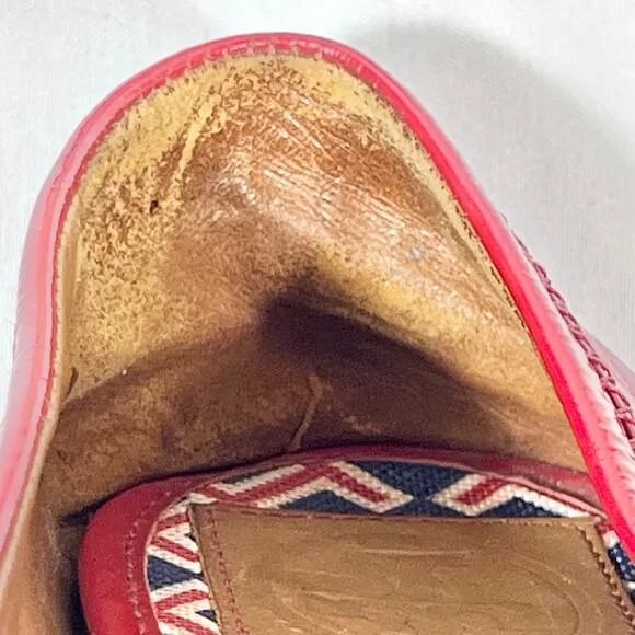Tory Burch Flats Slip On Size 8 Cherry Red White Blue Patent Leather Logo Used