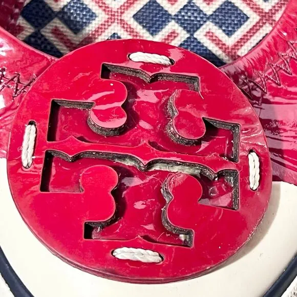 Tory Burch Flats Slip On Size 8 Cherry Red White Blue Patent Leather Logo Used