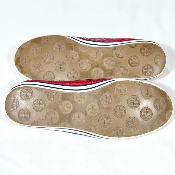 Tory Burch Flats Slip On Size 8 Cherry Red White Blue Patent Leather Logo Used