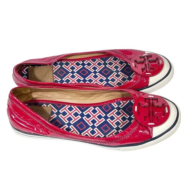 Tory Burch Flats Slip On Size 8 Cherry Red White Blue Patent Leather Logo Used