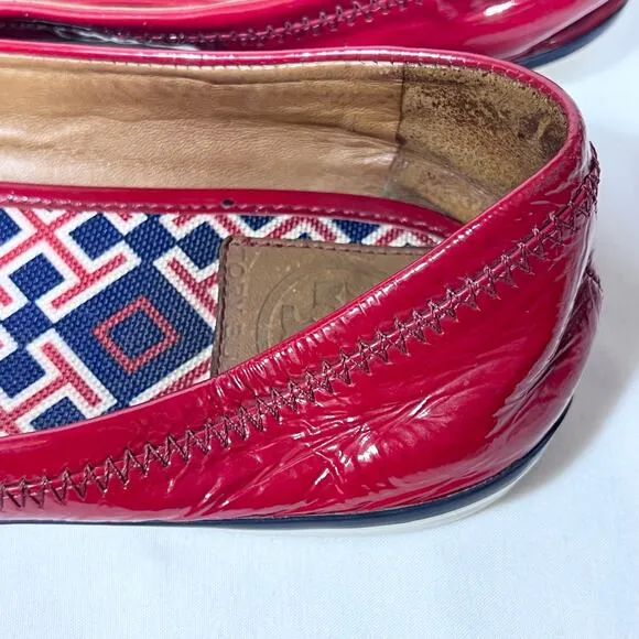 Tory Burch Flats Slip On Size 8 Cherry Red White Blue Patent Leather Logo Used