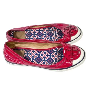 Tory Burch Flats Slip On Size 8 Cherry Red White Blue Patent Leather Logo Used