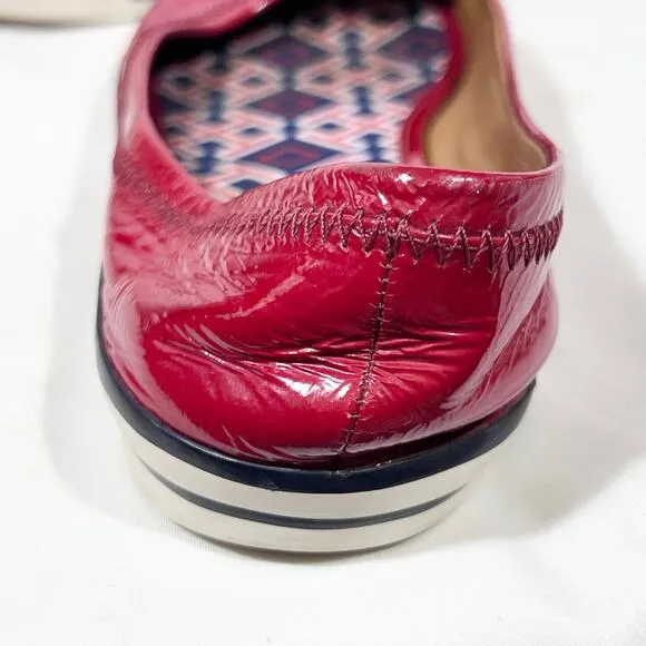 Tory Burch Flats Slip On Size 8 Cherry Red White Blue Patent Leather Logo Used
