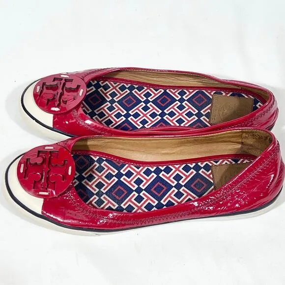Tory Burch Flats Slip On Size 8 Cherry Red White Blue Patent Leather Logo Used