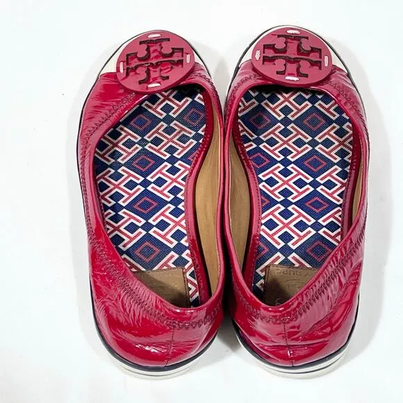 Tory Burch Flats Slip On Size 8 Cherry Red White Blue Patent Leather Logo Used