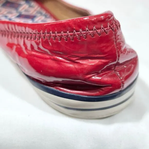 Tory Burch Flats Slip On Size 8 Cherry Red White Blue Patent Leather Logo Used