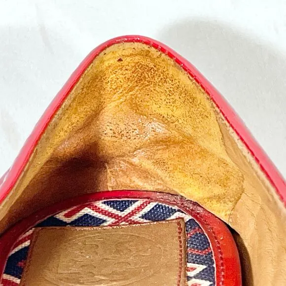 Tory Burch Flats Slip On Size 8 Cherry Red White Blue Patent Leather Logo Used