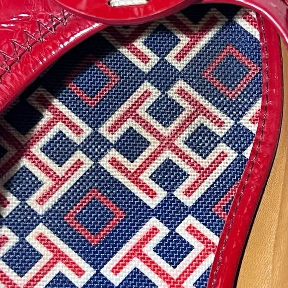 Tory Burch Flats Slip On Size 8 Cherry Red White Blue Patent Leather Logo Used