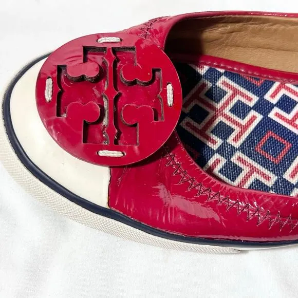 Tory Burch Flats Slip On Size 8 Cherry Red White Blue Patent Leather Logo Used