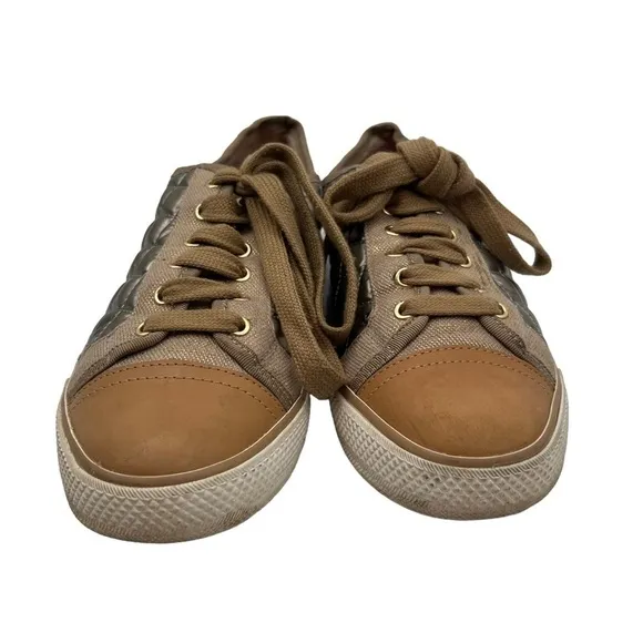 Tory Burch Gold Quilted Lace Up Cap Toe Sneakers Size 8.5 Women’s