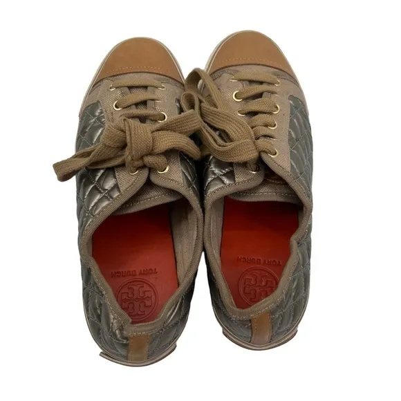 Tory Burch Gold Quilted Lace Up Cap Toe Sneakers Size 8.5 Women’s