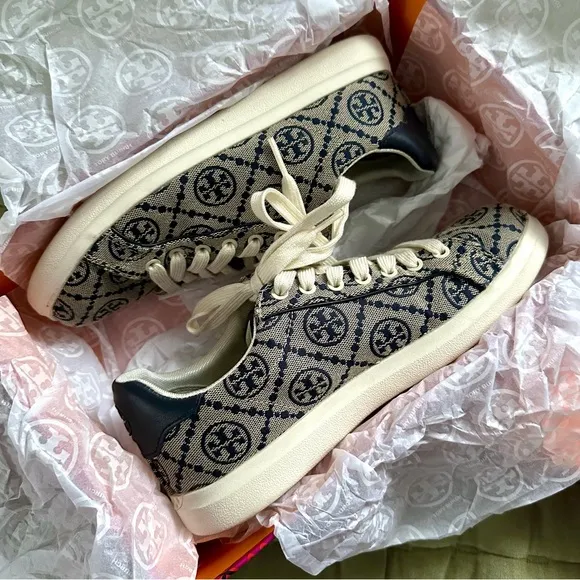TORY BURCH Navy Howell Court Jacquard Monogram Logo Lace Up Sneakers