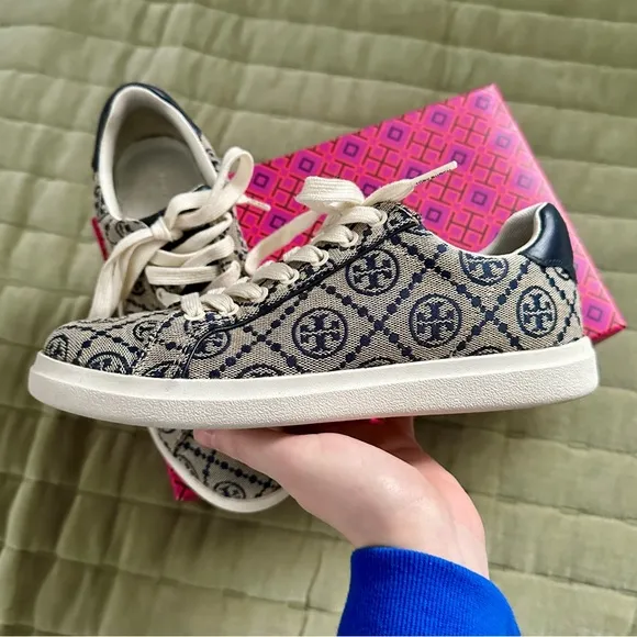 TORY BURCH Navy Howell Court Jacquard Monogram Logo Lace Up Sneakers