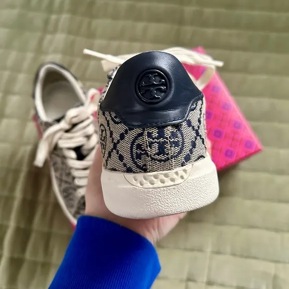 TORY BURCH Navy Howell Court Jacquard Monogram Logo Lace Up Sneakers