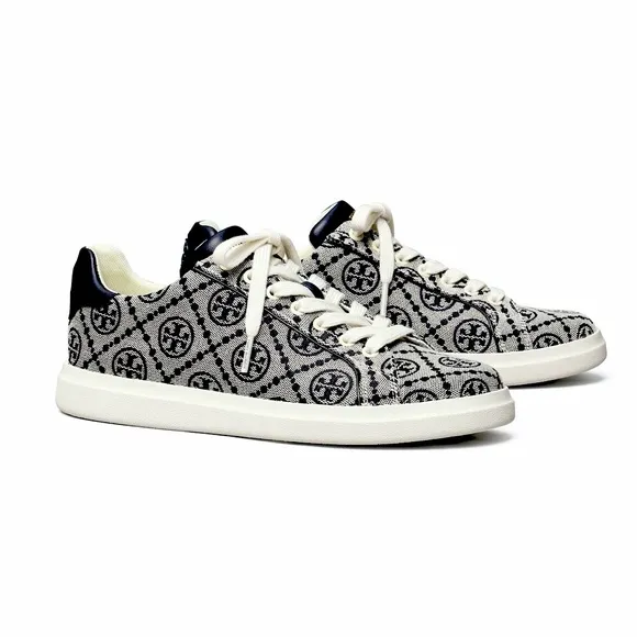 TORY BURCH Navy Howell Court Jacquard Monogram Logo Lace Up Sneakers