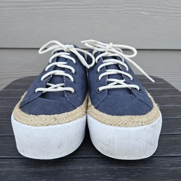 Tory Burch Platform Espadrille Sneakers Navy Blue Canvas &amp; Jute Women's Size 11