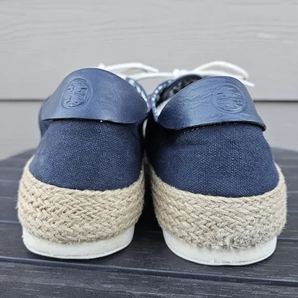 Tory Burch Platform Espadrille Sneakers Navy Blue Canvas &amp; Jute Women's Size 11