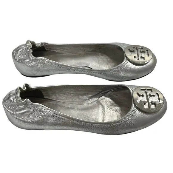 Tory Burch Reva Silver Metallic Ballet Flats Size 7.5 Shoes Silver Medallion